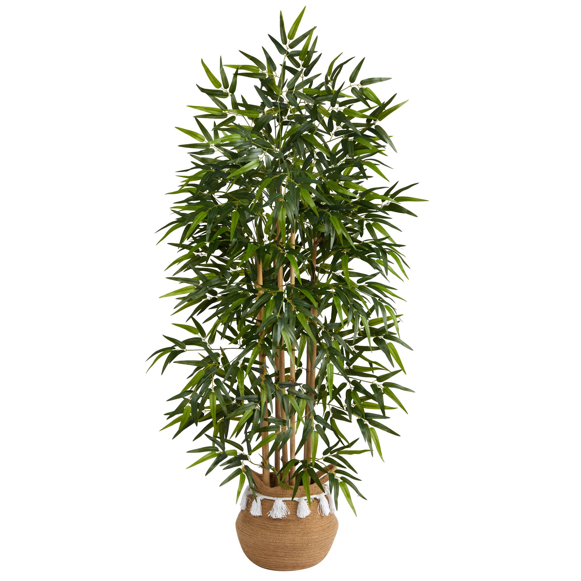64" Bamboo Artificial Tree with Natural Bamboo Trunks in Boho Chic Handmade Natural Cotton Woven Planter with Tassels